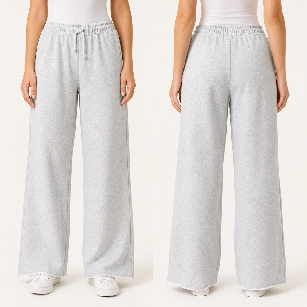 Zara Women's Size M Light Gray Wide Leg Raw Hem Drawstring Sweatpants